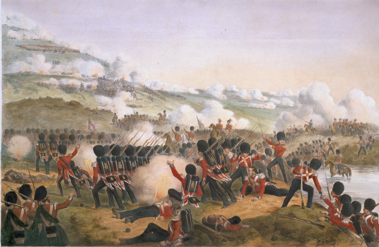 Wielka szarża gwardii na wzgórzach Alma podczas wojny krymskiej, 1854 (litografia kolorowa) autorstwa L. Huard