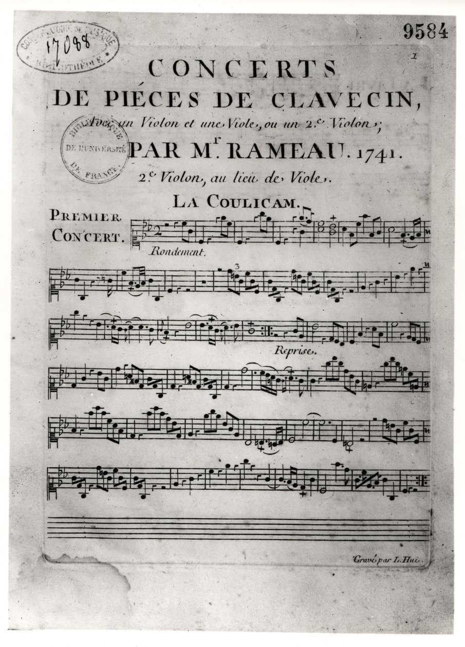 Nuty do „Concerts de Pieces de Clavecin” Jean-Philippe Rameau (1683-1764) 1741 autorstwa L. Hue