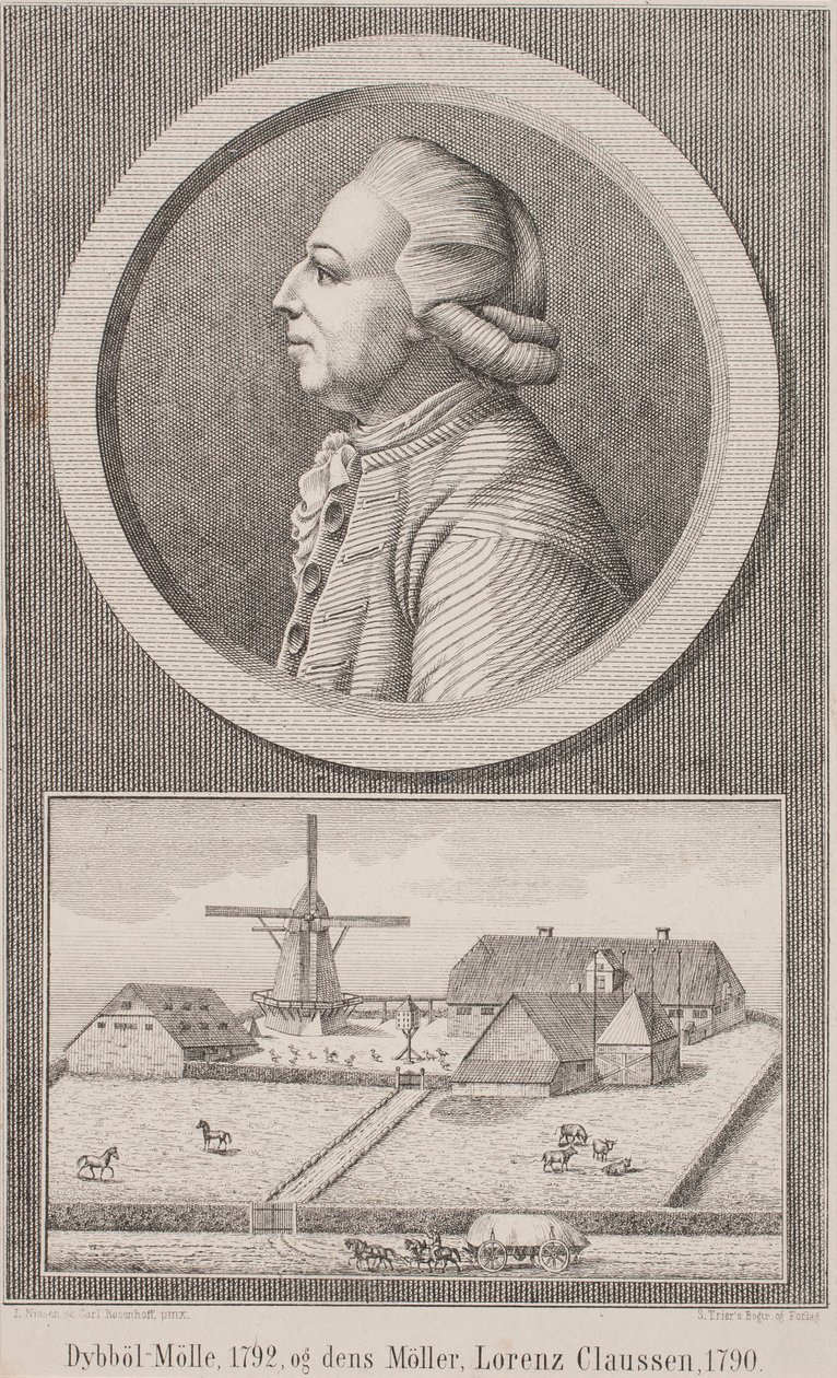Młyn Dybbøl, 1792, i młynarz Lorenz Claussen, 1790 autorstwa L. Nissen