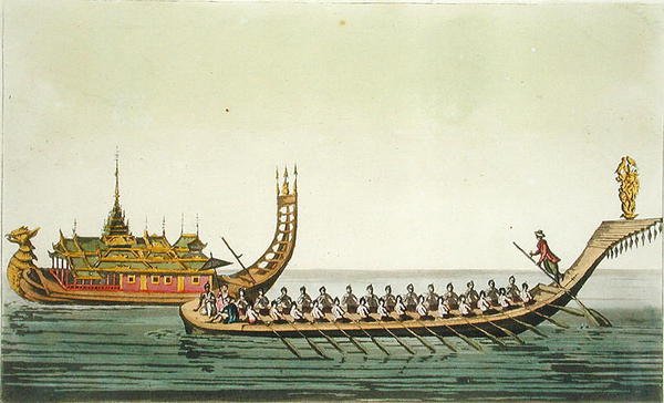 Statki birmańskie, ilustracja z „Le Costume Ancien et Moderne” Giulio Ferrario, wydana ok. 1820-30 (kolorowa grawerunek) autorstwa L. Rossi