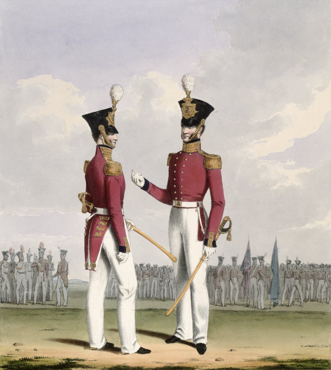 Oficerowie polowi Royal Marines, tablica 2 z "Kostium Royal Navy and Marines", rytowana przez artystów, ok. 1830-37 autorstwa L. and Eschauzier, St. Mansion
