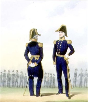 Oficerowie flagowi, tablica 4 z "Costume of the Royal Navy and Marines", rytowane przez artystów, ok. 1830-37 (litografia kolorowa) autorstwa L. and Eschauzier St. Mansion