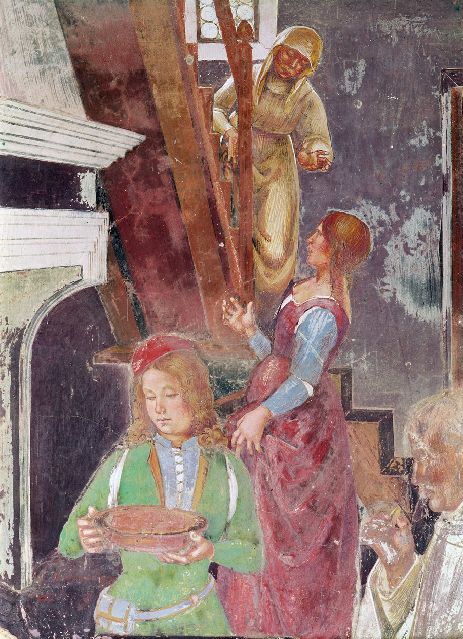 Młody sługa trzymający talerz, fragment św. Benedykta przyjmującego gościnność, z życia św. Benedykta, 1497-98 (detal z 164410) autorstwa L. and Sodoma, G. Signorelli