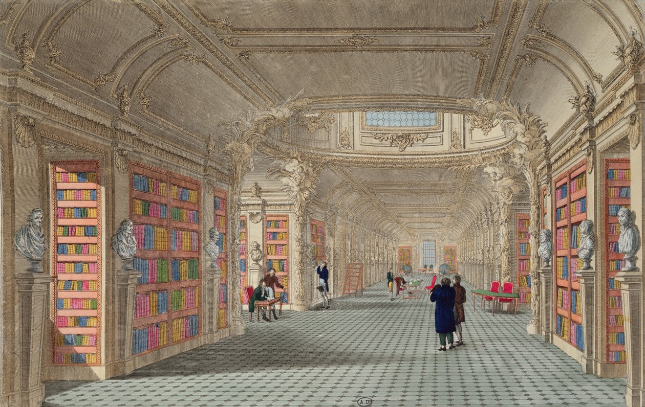 Bibliotheque du Pantheon, ok. 1800 (kolorowe grawerowanie) autorstwa La Gardette