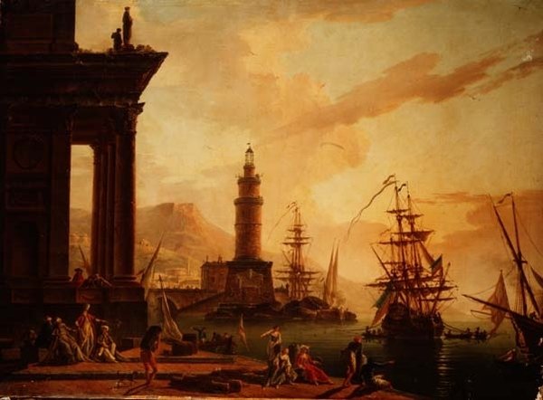 Capriccio śródziemnomorskiego portu z holenderską fregatą i innymi statkami autorstwa La Croix de Marseilles