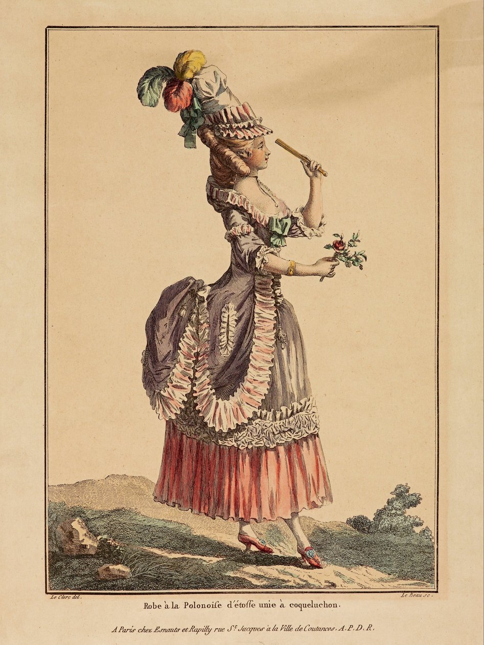Galeria Mody; Leclerca; Dupin - nadruk; kolorowy grawer - Sukienka poloniosowa z gładkiego materiału z makowym kapturem autorstwa La Gallerie des Modes, Le Clerc, Dupin