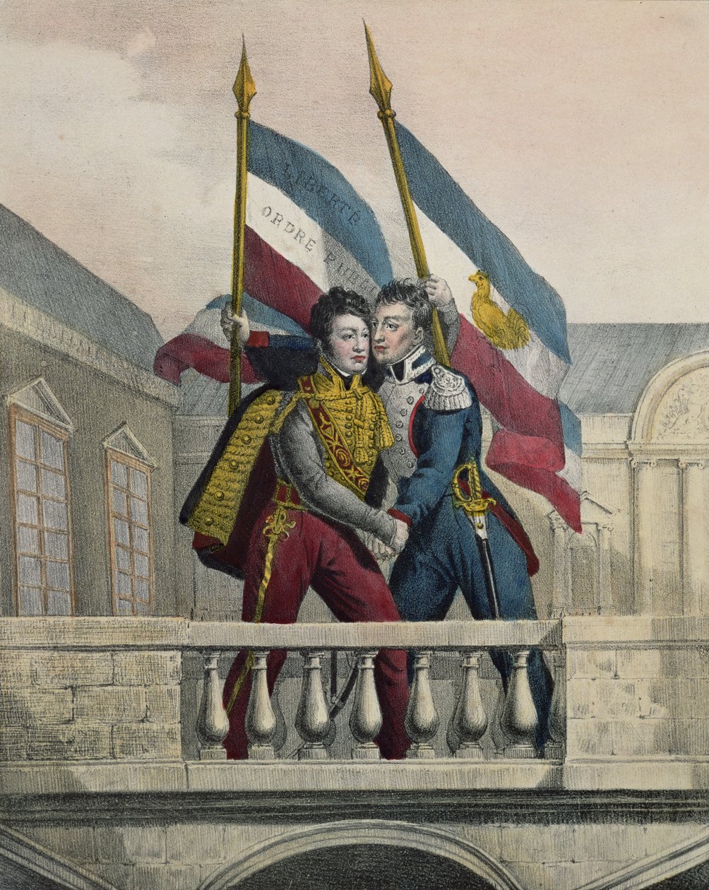 Książę Orleanu obejmujący generała La Fayette i wznoszący barwy narodowe na tarasie Palais-Royal, 30 lipca 1830 autorstwa Labastide