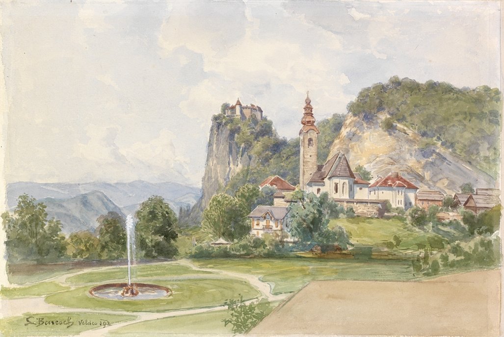 Bled-kościół parafialny z zamkiem w tle autorstwa Ladislav Benesch