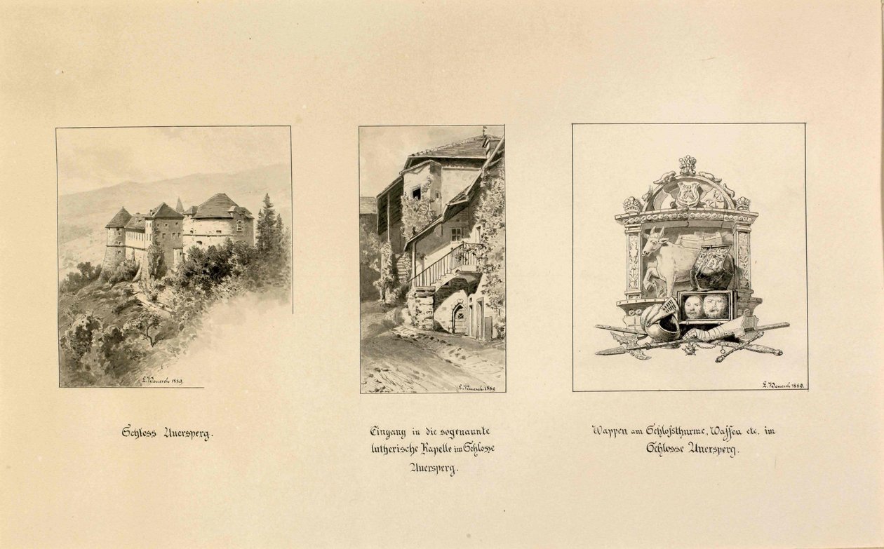  Turjak: Widok na zamek Turjak; Wejście do kaplicy luterańskiej; Herb Turjas autorstwa Ladislav Benesch
