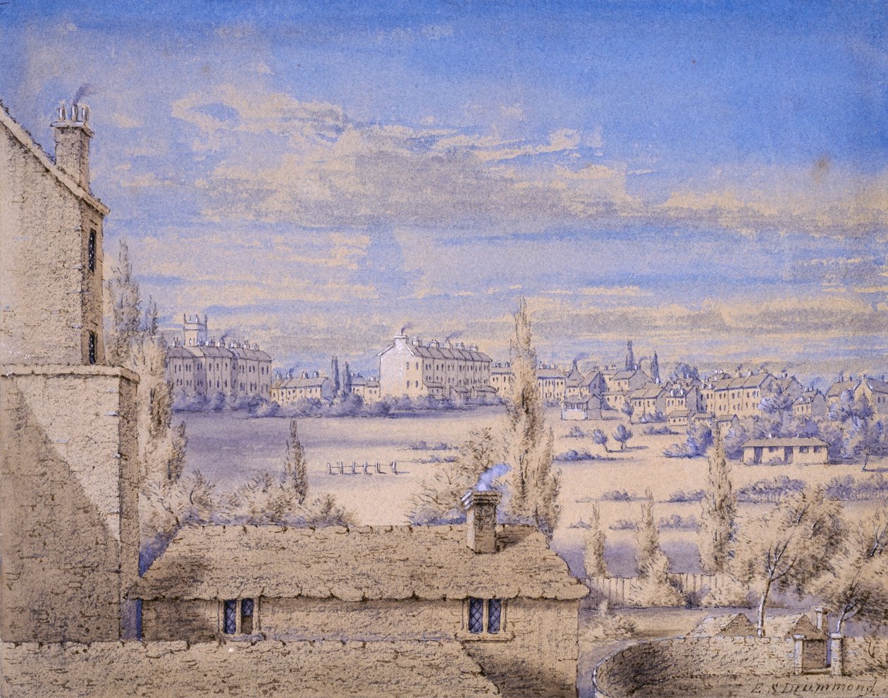Widok na Belgrave Square widziany z Grosvenor Place nr 6, Londyn, ok. 1820 (toaleta i ołówek na papierze) autorstwa Lady Emily Drummond