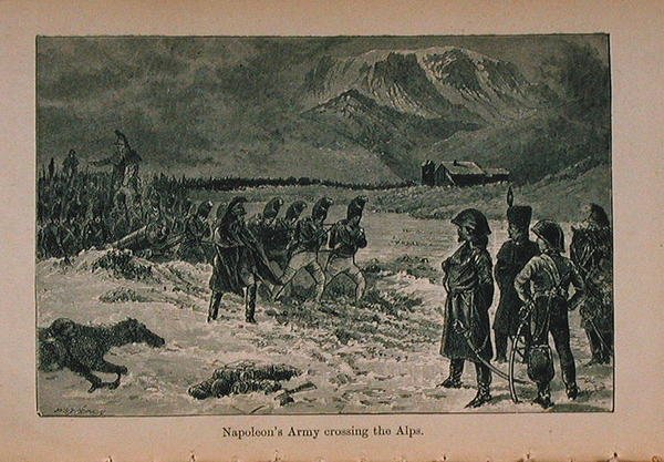 Armia Napoleona przekraczająca Alpy, ilustracja z Historii Francji Małego Artura: Od najwcześniejszych czasów do upadku Drugiego Cesarstwa opublikowana w 1899 r. autorstwa Lady M. Chalcott