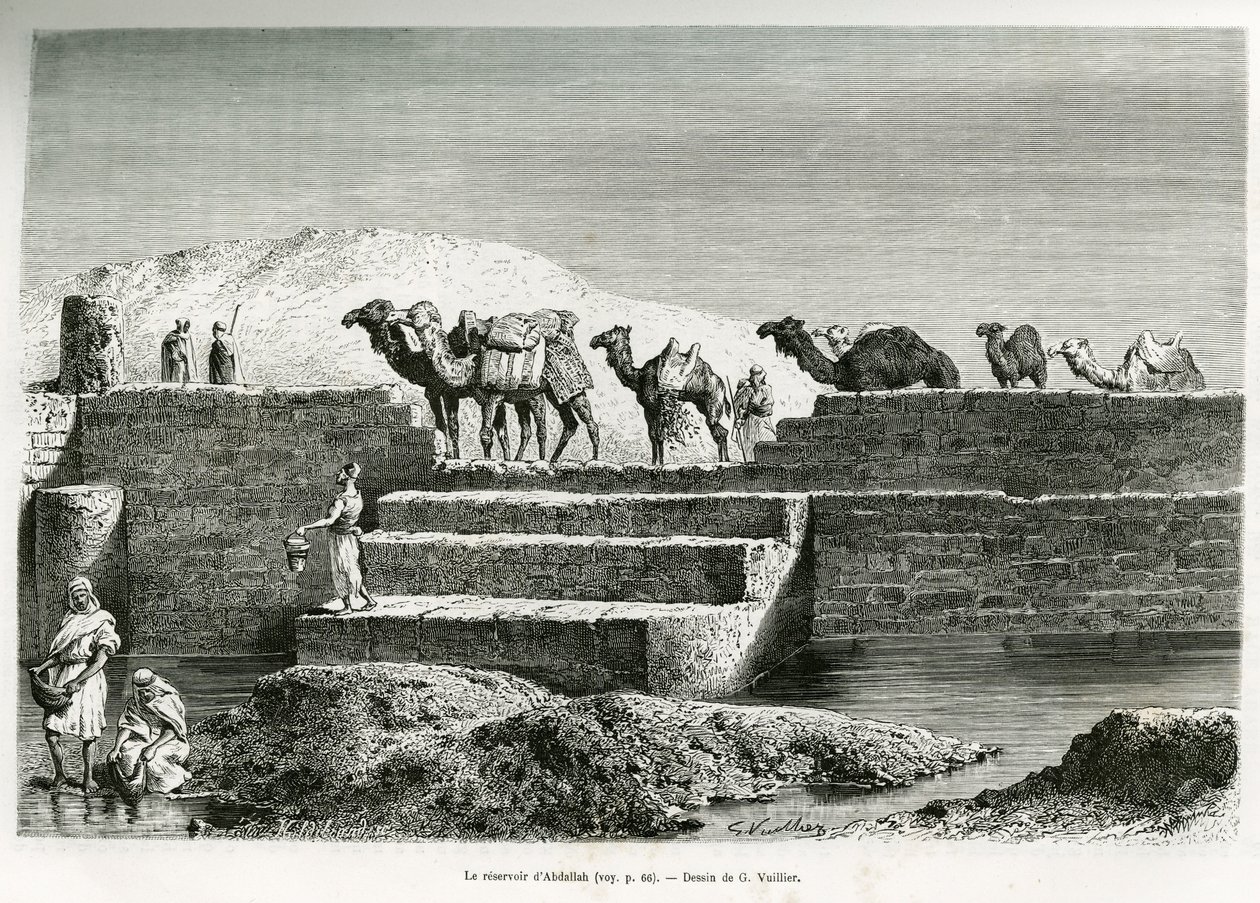 Zbiornik Abdullah, Arabia Saudyjska, ilustracja z "Pielgrzymki do Nejd, kolebki rasy arabskiej", opublikowanej w World Tour, prowadzonej przez Edouarda Chartona (1807-1890) 1882 (lito) autorstwa Lady Anne Blunt