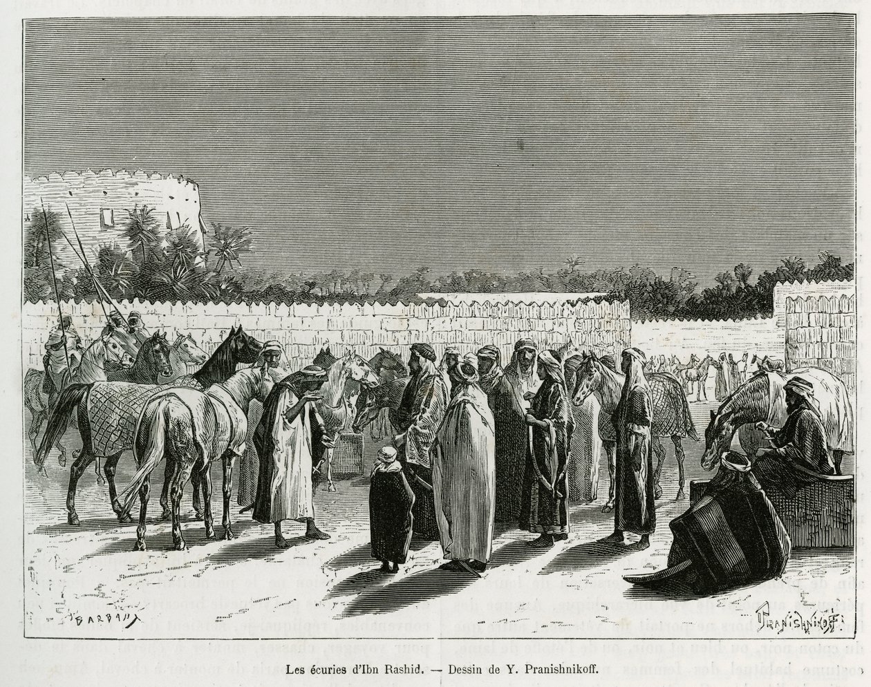 Stajnie emira Muhammada Ibn Abdullaha Al Rashida, ilustracja z „Pielgrzymki do Nejd, kolebki rasy arabskiej”, opublikowanej w „World Tour” prowadzonym przez Edouarda Chartona autorstwa Lady Anne Blunt