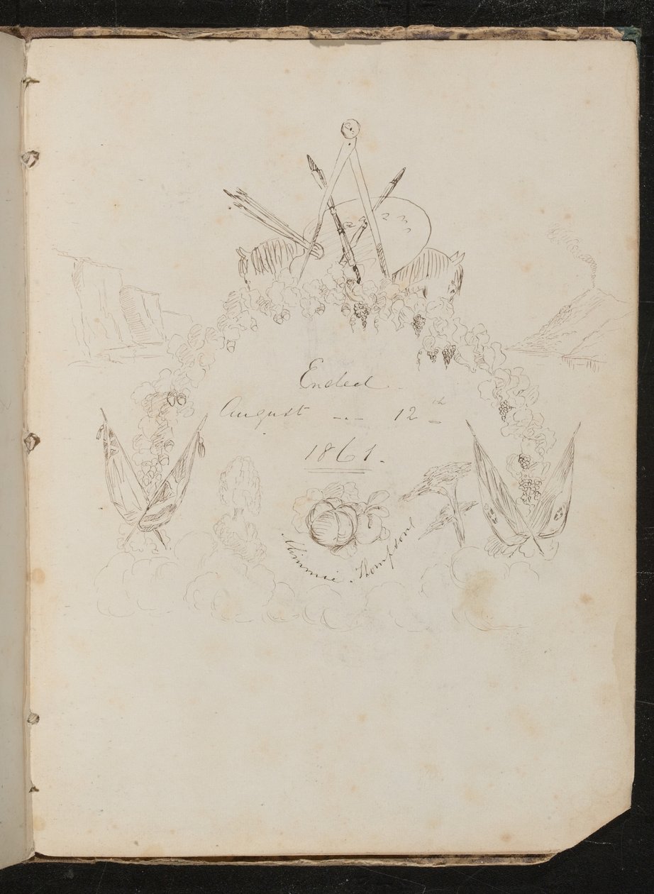 Studium materiałów artystów, motyla, kwiatów, flag, klifu i girlandy w formacji herbowej wokół napisu "Zakończono 12 sierpnia 1861" autorstwa Lady Butler