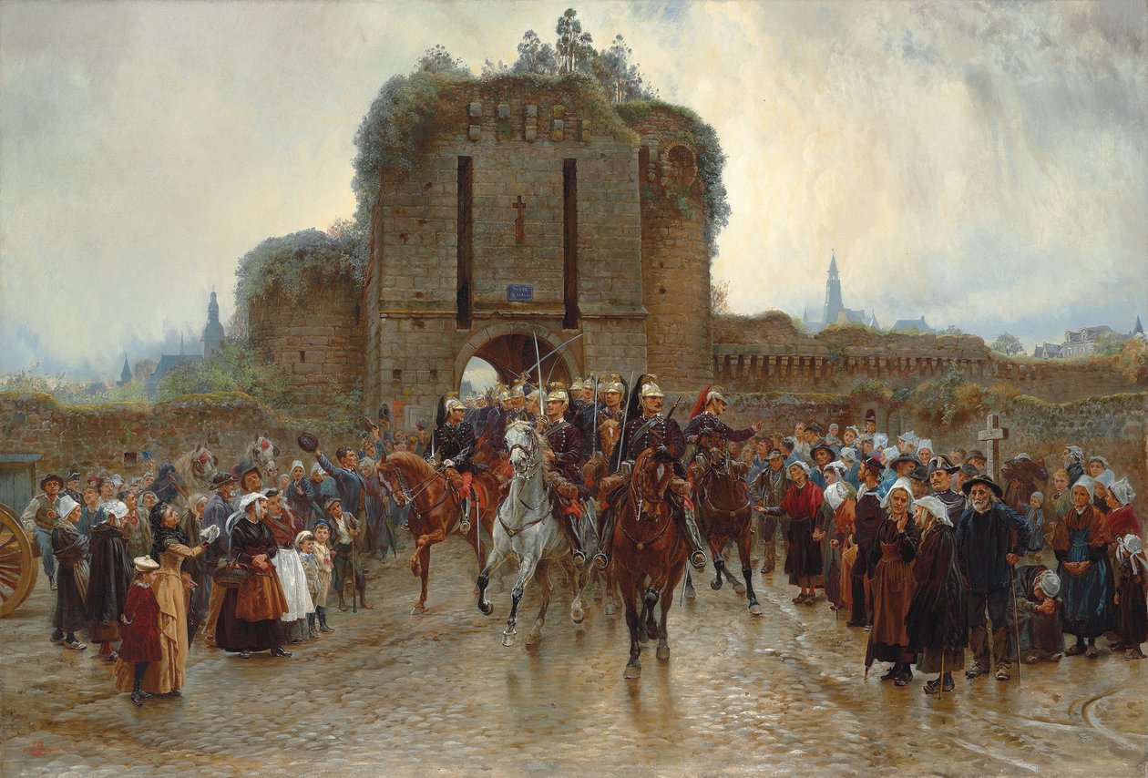 Na froncie: kawaleria francuska opuszczająca bretońskie miasto po wypowiedzeniu wojny, 1888-89 autorstwa Lady Butler