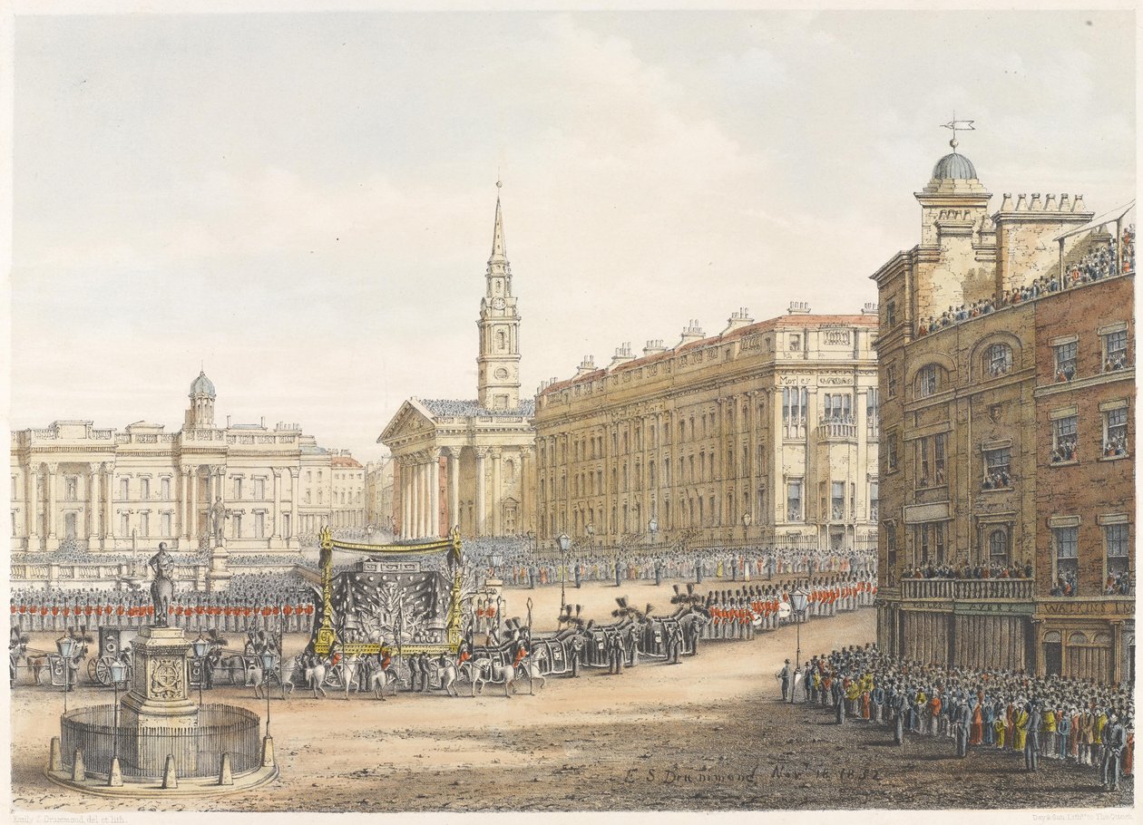 Wóz żałobny i procesja na państwowym pogrzebie księcia Wellington mijając Mansion House 18 listopada 1852 autorstwa Lady Emily Drummond