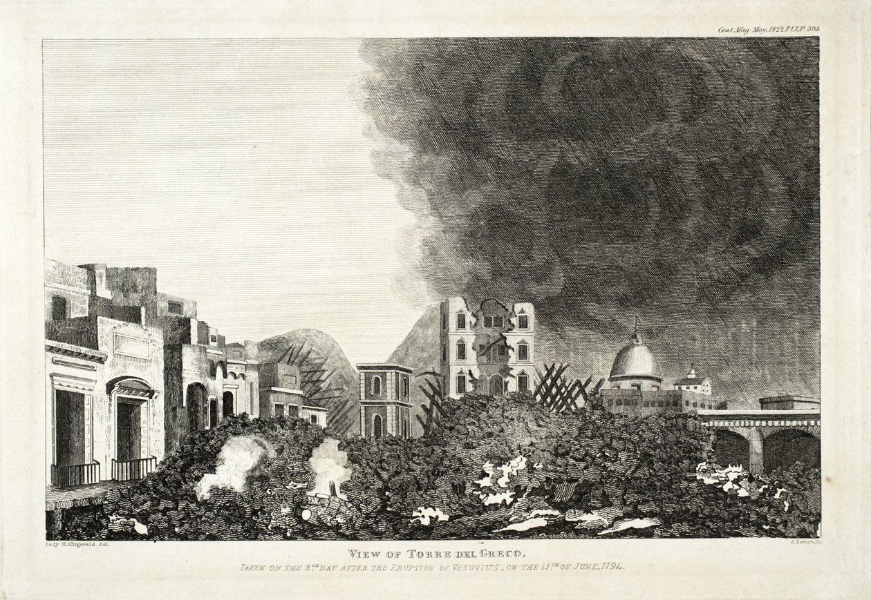 Widok na Torro del Greco: zrobiony 8 dnia po erupcji Wezuwiusza, 15 czerwca 1794, 1822 (akwaforta) autorstwa Lady H. Fitzgerald