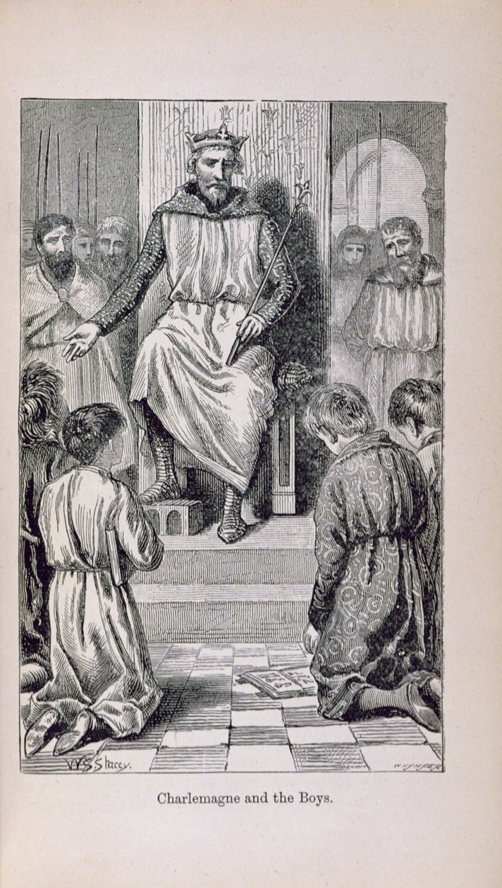 Karol Wielki (742-814) i chłopcy, ilustracja z "Historii Francji Małego Artura: Od najdawniejszych czasów do upadku Drugiego Cesarstwa" wydanej w 1899 r. autorstwa Lady M. Chalcott