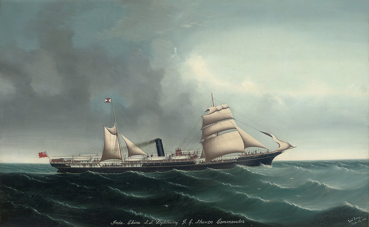 Indochiński parowiec Lightning pod żaglami i parą, 1892 autorstwa Lai Fong