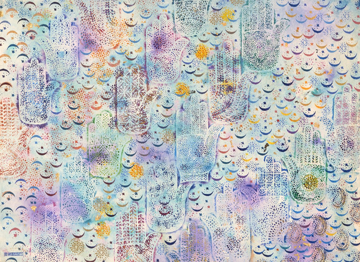 Hands of Fatima, 1999 (akryl i złoty pigment na papierze) autorstwa Laila Shawa