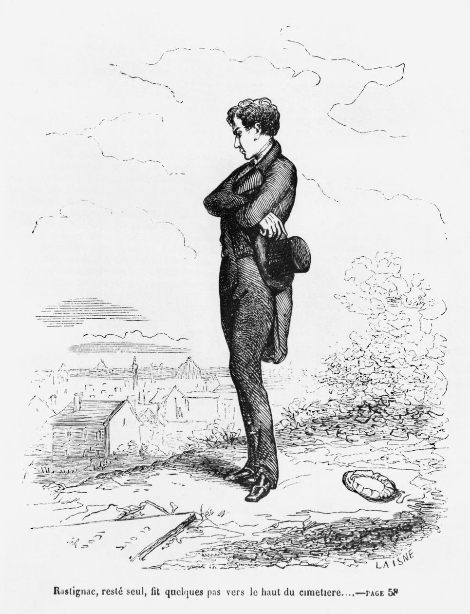 „Zostawiony sam Rastignac przeszedł kilka kroków do najwyższej części cmentarza”, ilustracja z „Le Pere Goriot” Honore de Balzac (1799-1850) autorstwa Laisne
