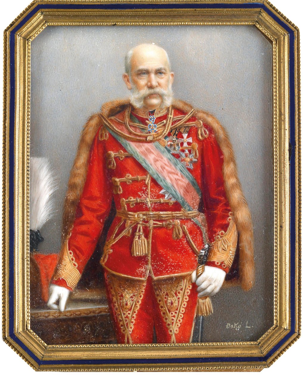 Portret Francois Joseph I Austria (1830-1916), w węgierskim mundurze. Praca Lajosa Osko (1865-1922), akwarela i gwasz na rogu. Sztuka węgierska, sztuka akademicka. Prywatna kolekcja. autorstwa Lajos Osko