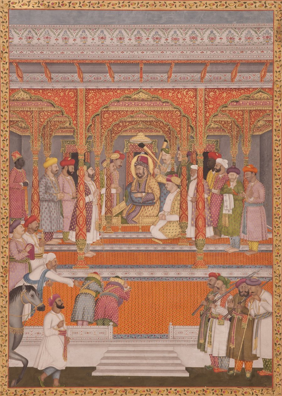 Mirza Md Muazzam Shah Khurram Bakht Bahadur odbierający Saadat Ali, Nawab of Aw, 1803 (nieprzezroczysty wc na papierze) autorstwa Lalji Mal