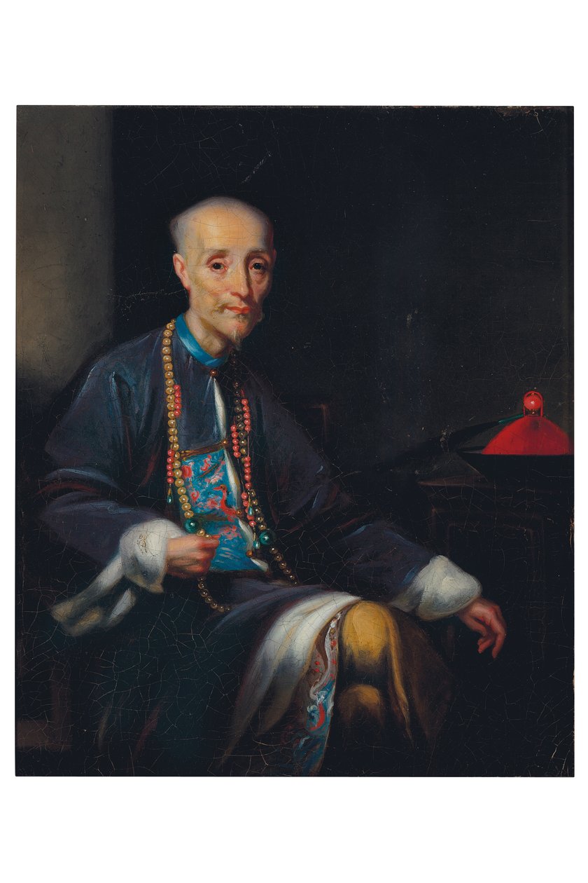 Portret Houqua, 3/4 długości, siedzący, we wnętrzu (olej na płótnie) autorstwa Lam Qua (attr. to)