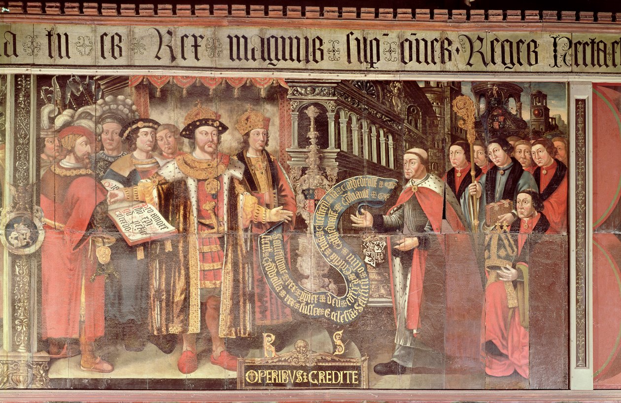 Biskup Robert Sherburne z Henrykiem VIII (1491-1547) c.1508-36 (mural) autorstwa Lambert Barnard