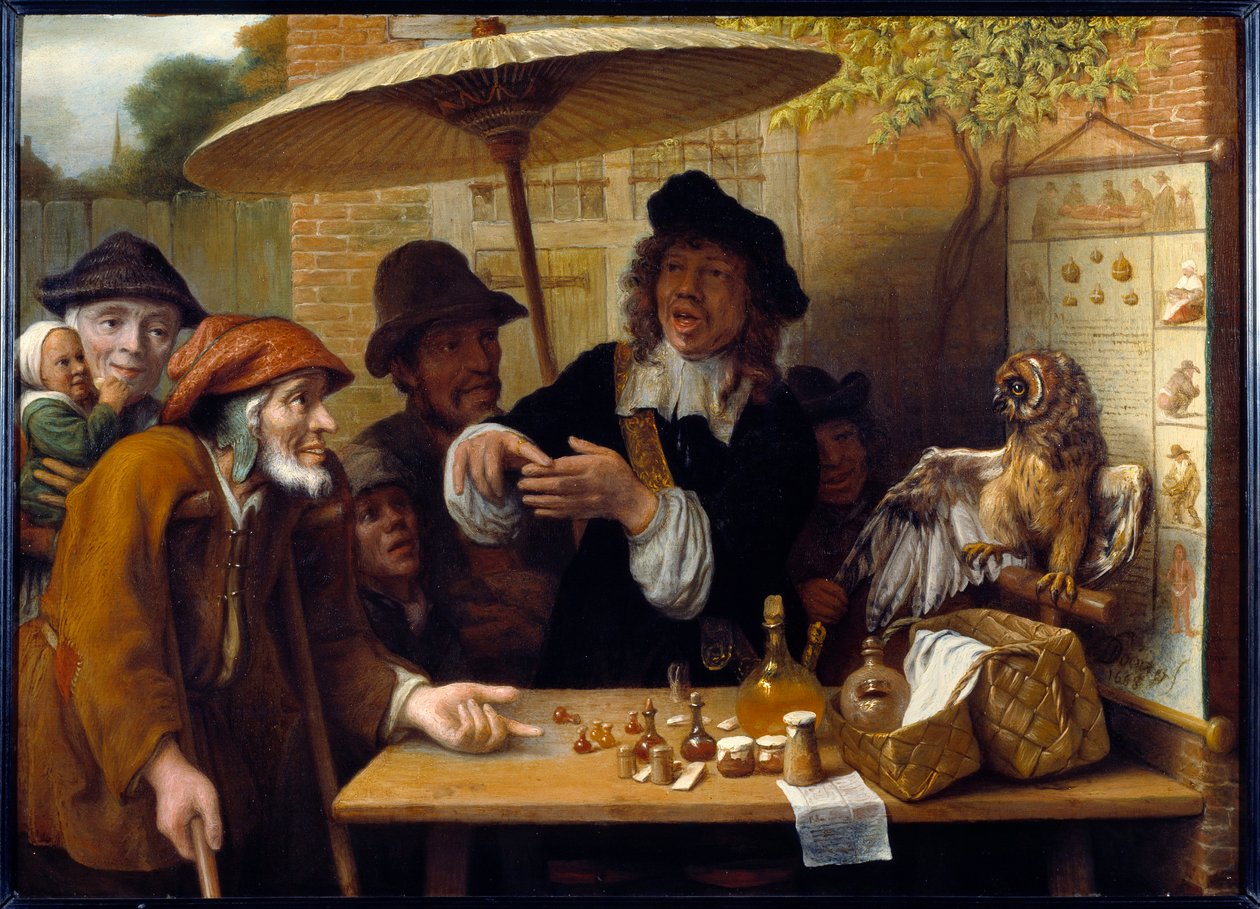 Szarlatan. Traveller debatuje nad dodatkami do sprzedaży narkotyków na publicznym placu. Obraz Lamberta Doomera (1623-1700) autorstwa Lambert Doomer