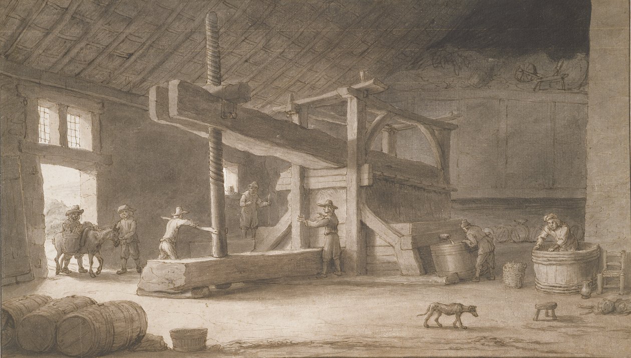 Prasa do wina Monsieur Dittyl, poza Nantes, ok. 1670 (pióro i atrament z praniem na papierze) autorstwa Lambert Doomer
