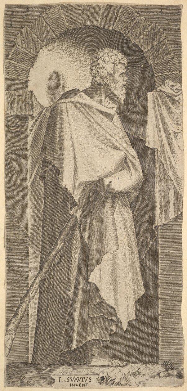 Św. Jakub Minor w łukowatej niszy, trzymający w rękach laskę, które są ok. 1545 r. autorstwa Lambert Suavius