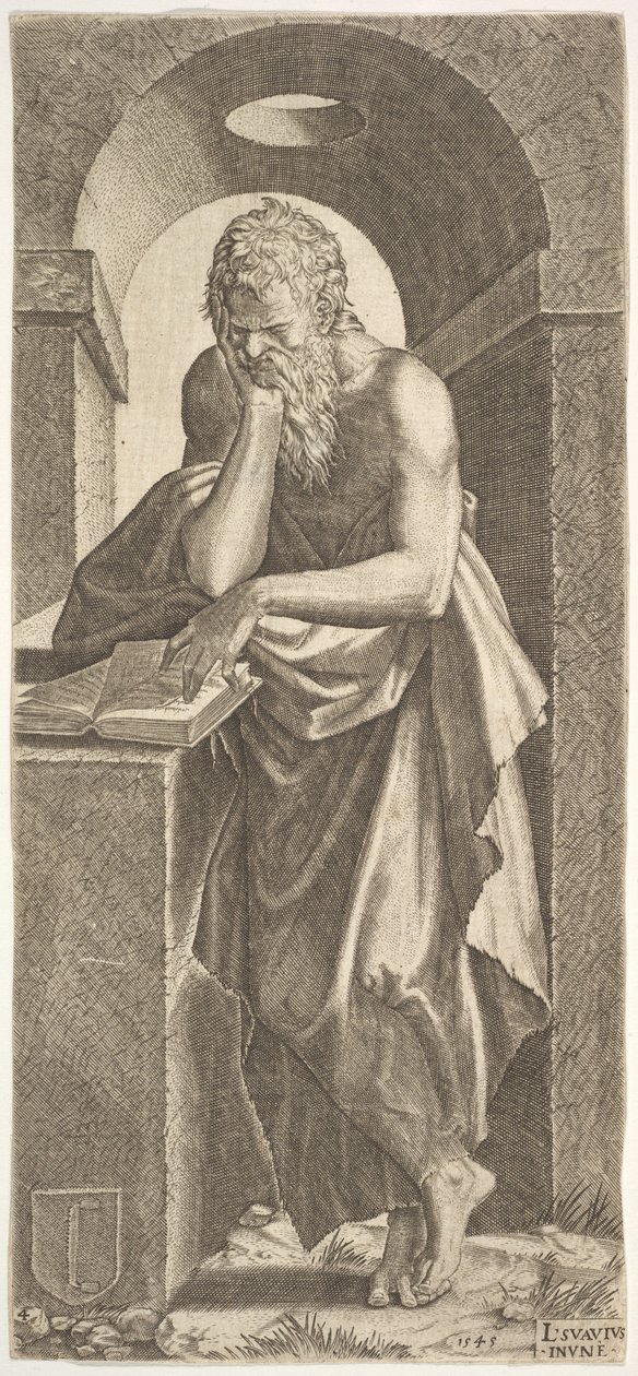 Św. Szymon stojący przed otwartą księgą z palcami lewej ręki przyciśniętymi do …, 1545. autorstwa Lambert Suavius