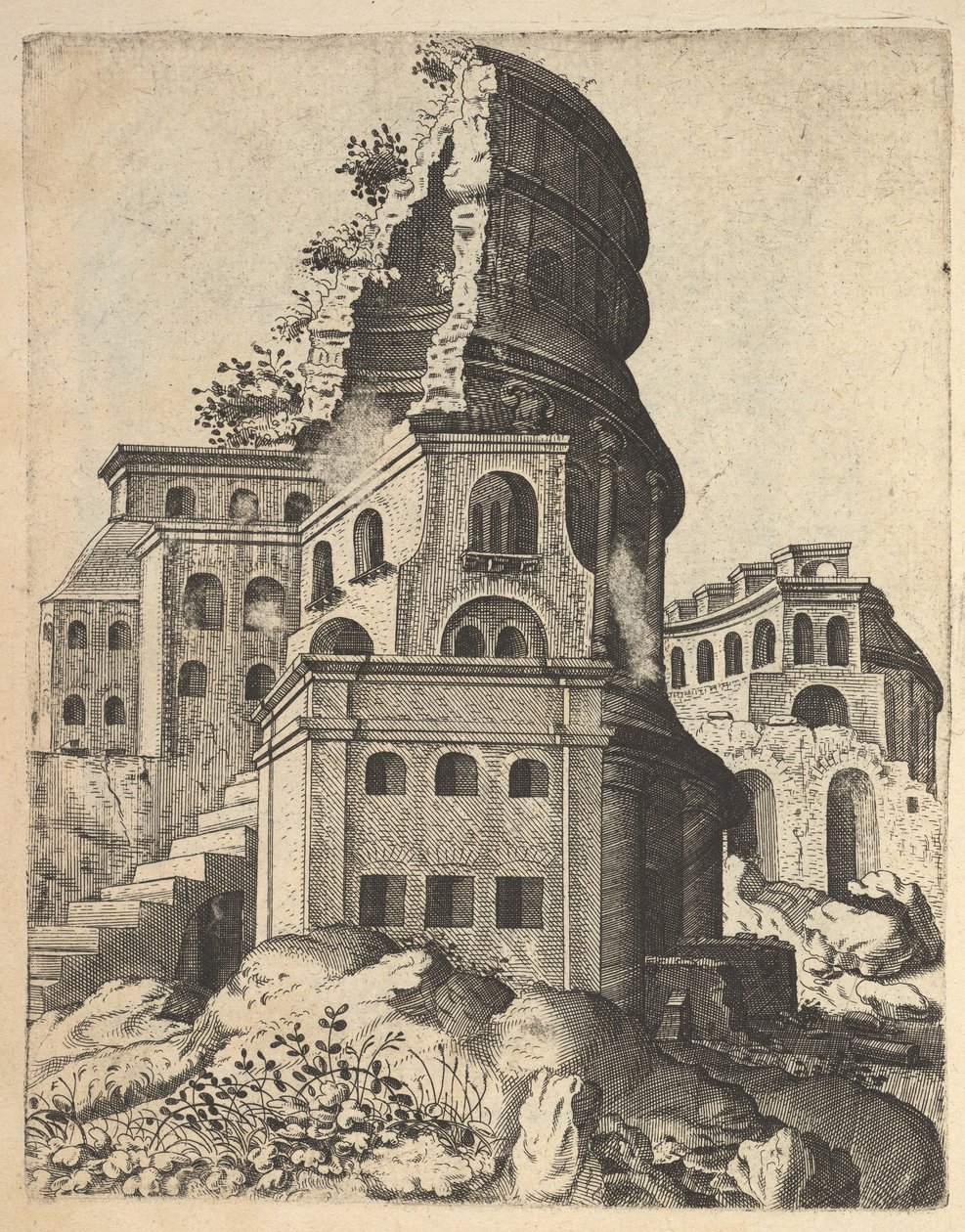 Pejzaż pionowy z ruinami świątyni Wenus i Romów, z cyklu „Ruinary…, 1554. autorstwa Lambert Suavius