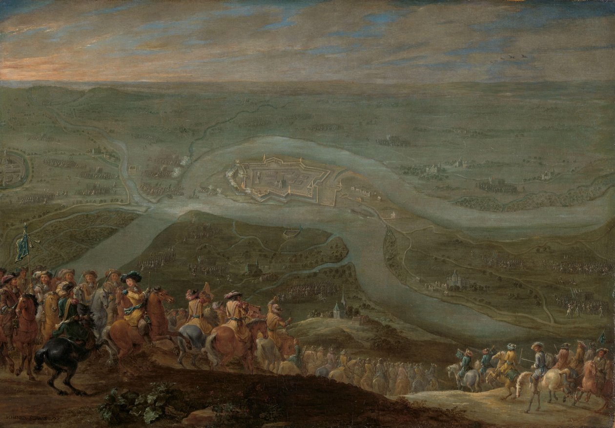 Król Ludwik XIV i jego świta podczas oblężenia Schenkenschans, 1672 autorstwa Lambert de Hondt (II)