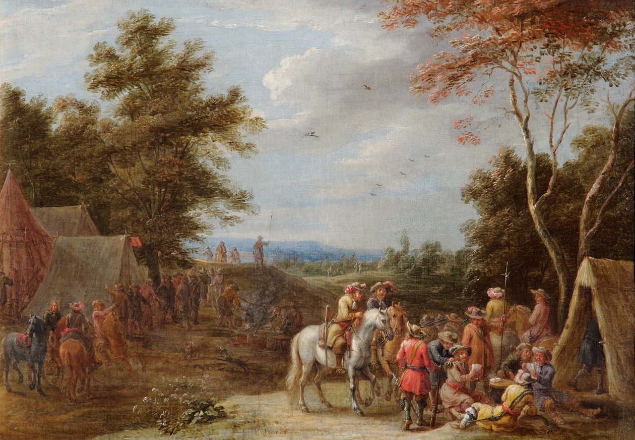 Obozowisko z żołnierzami grającymi w karty, ok. 1660 r. (olej na płótnie) autorstwa Lambert de Hondt