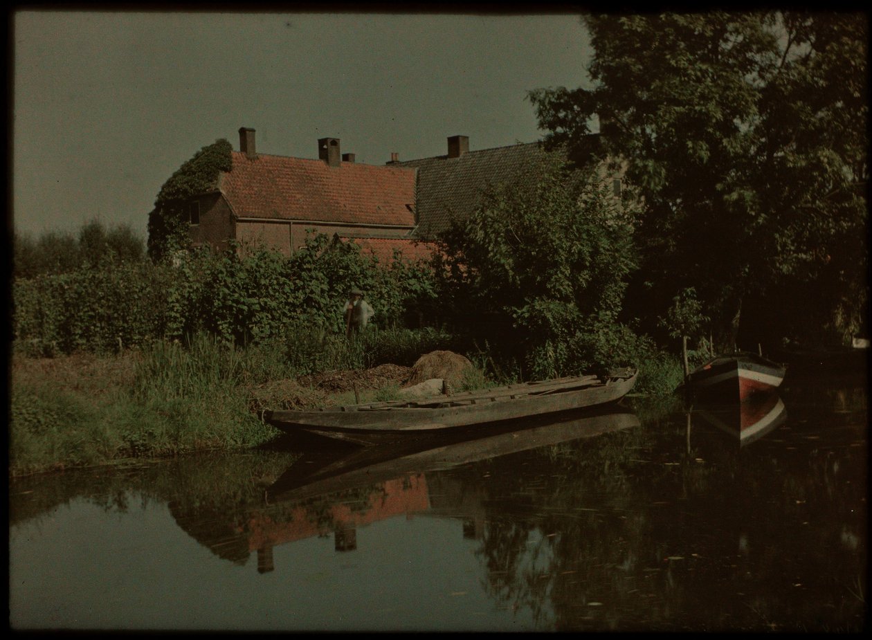 Blikkenburgervaart, Zeist, z łodziami i farmą (i prawdopodobnie Willem Emelaar Sr) autorstwa Lambertus Hendrik van Berk