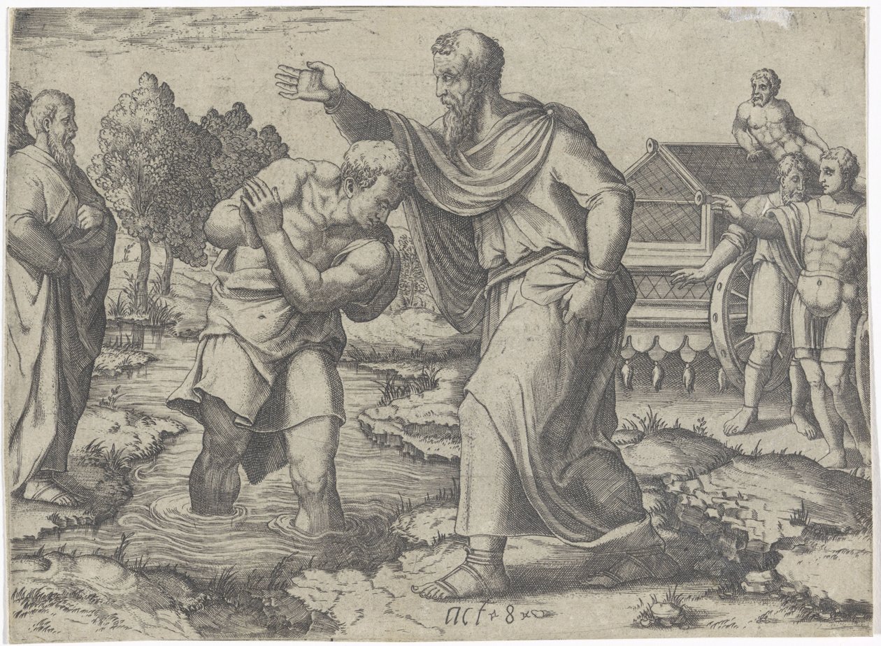 Chrzest etiopskiego eunucha autorstwa Filipa Sceny z Księgi Dziejów Apostolskich (tytuł serii) autorstwa Lambertus Suavius (attributed to)