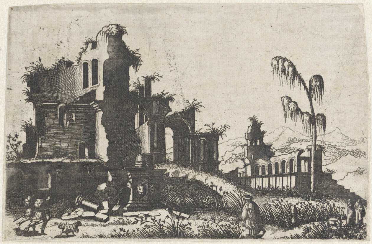Landschap met bevröde ruïnes en traveller Rysunki ruin różnych manufaktur bardzo przydatne malarzom i innym tego typu artystom (tytuł serii) autorstwa Lambertus Suavius