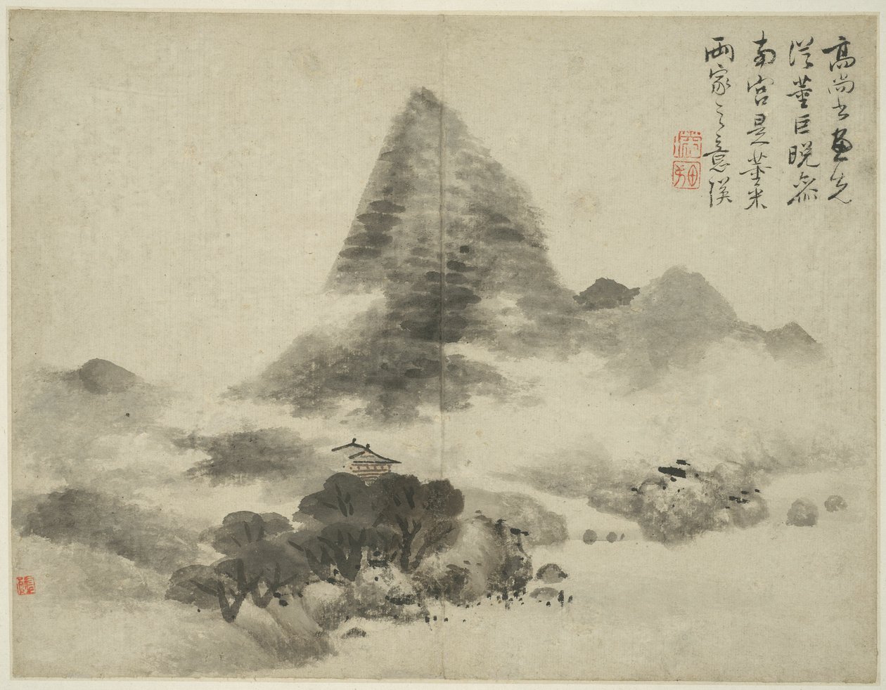 Krajobraz w stylu starożytnych mistrzów: po Gao Shangshu, po Dong Yuan (aktywny 937-975) i Ju Ran, a później w stylu Mi Fu (1051_-1107) autorstwa Lan Ying