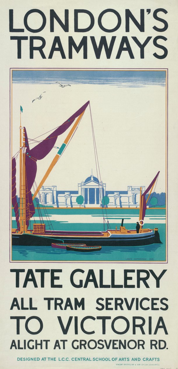 „Tate Gallery”, plakat London County Council LCC Tramways, 1925 autorstwa Lance Cattermole