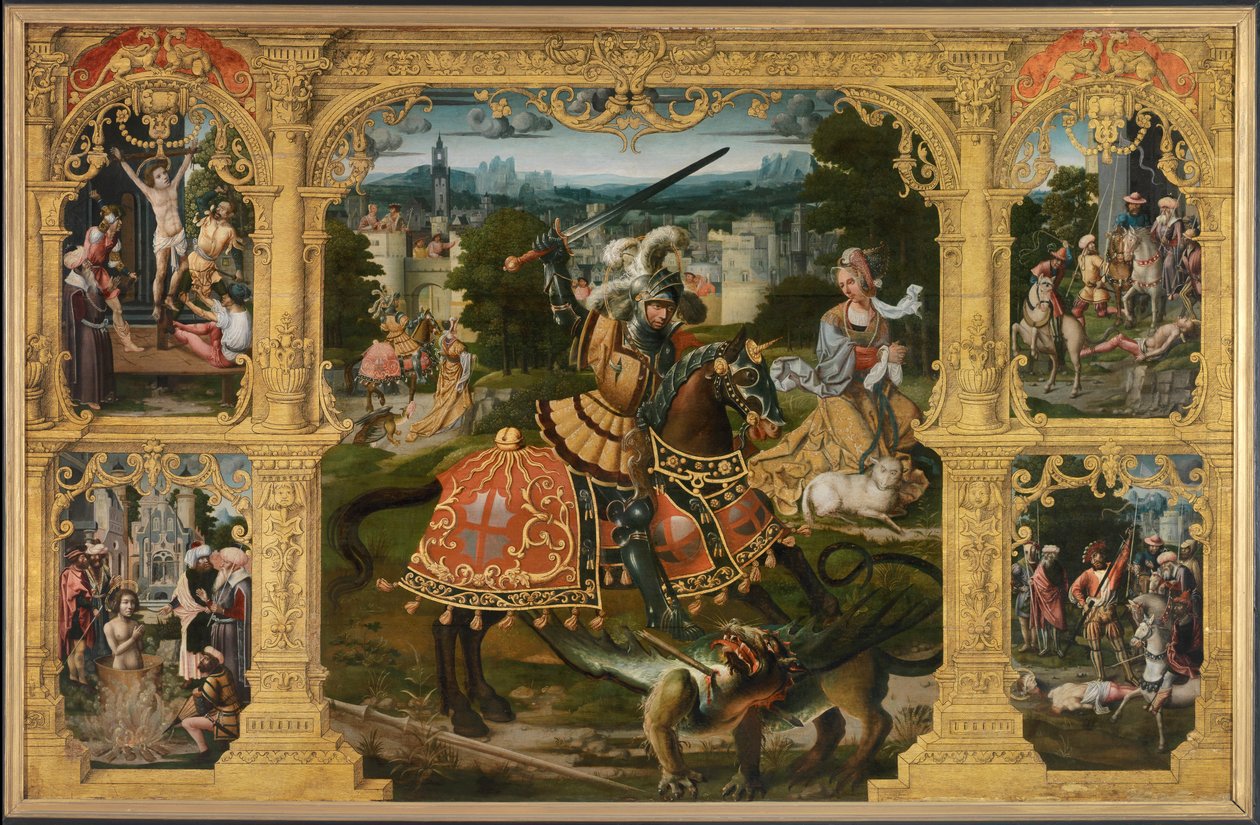 Legenda św. Jerzego (olej na desce) autorstwa Lancelot (school of) Blondeel