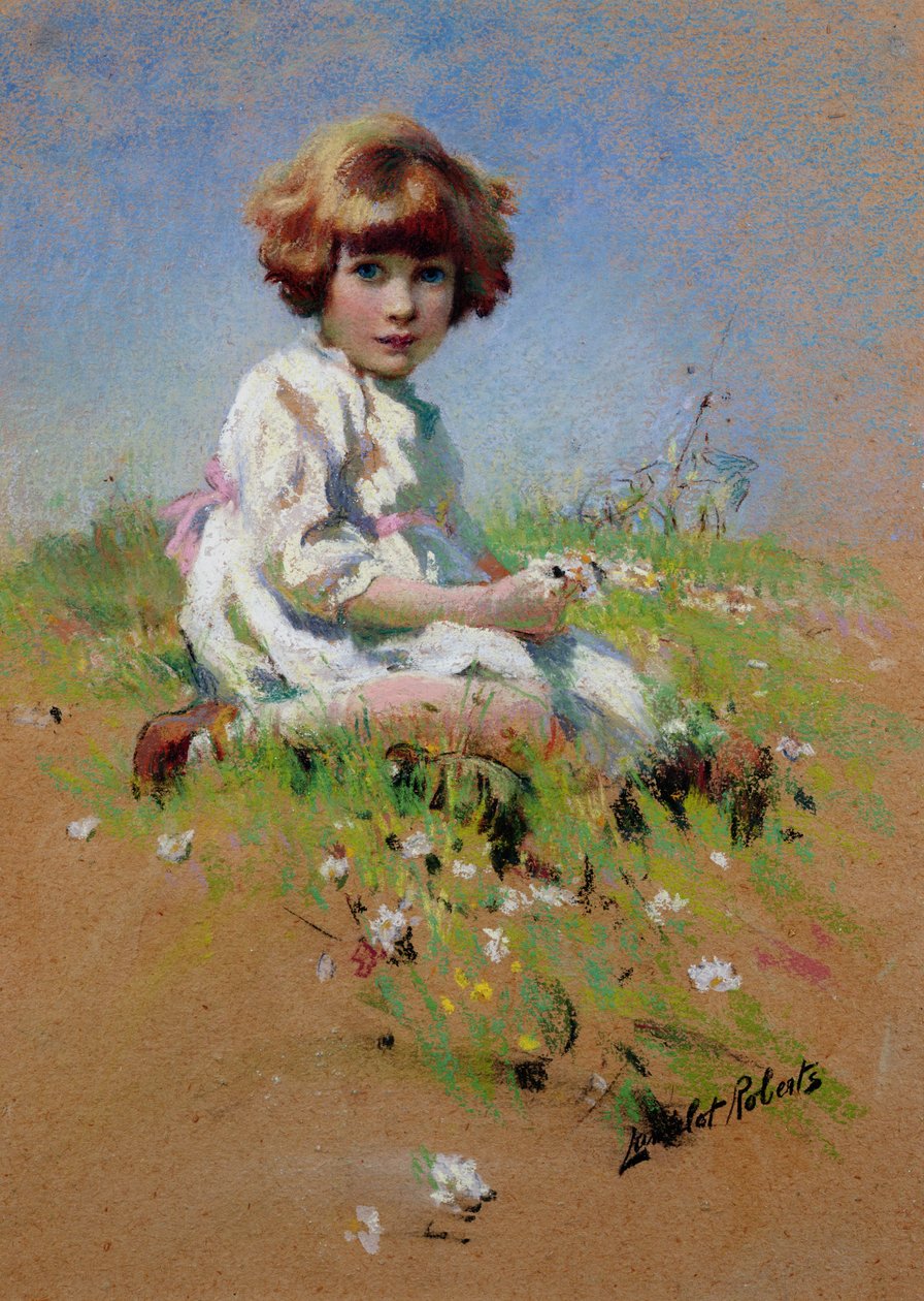 Marjorie - dziewczyna zbierająca stokrotki (pastel na papierze) autorstwa Lancelot Roberts