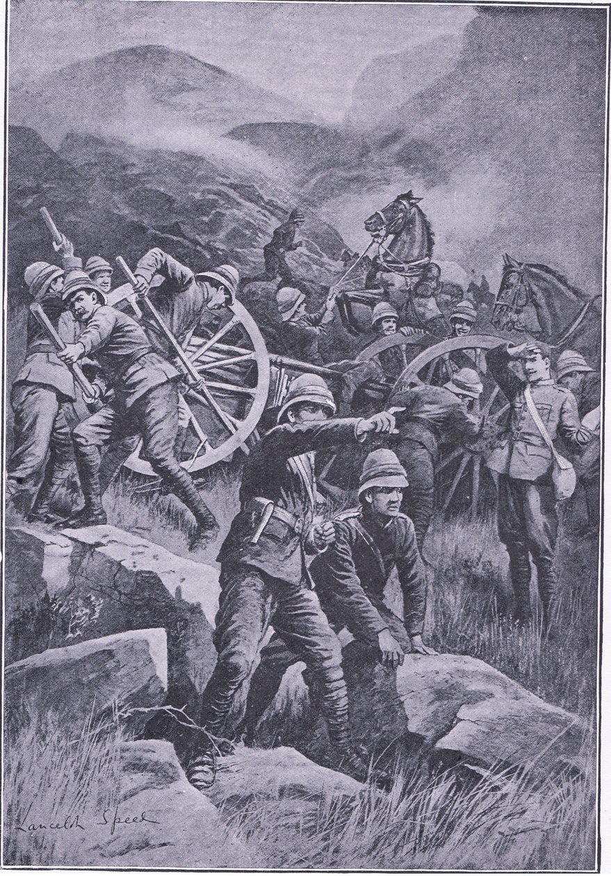 Pistolet przewrócony na zboczu wzgórza, z książki After Pretoria: The Guerilla War wydanej przez Harmsworth Bros Limited, 1901 autorstwa Lancelot Speed
