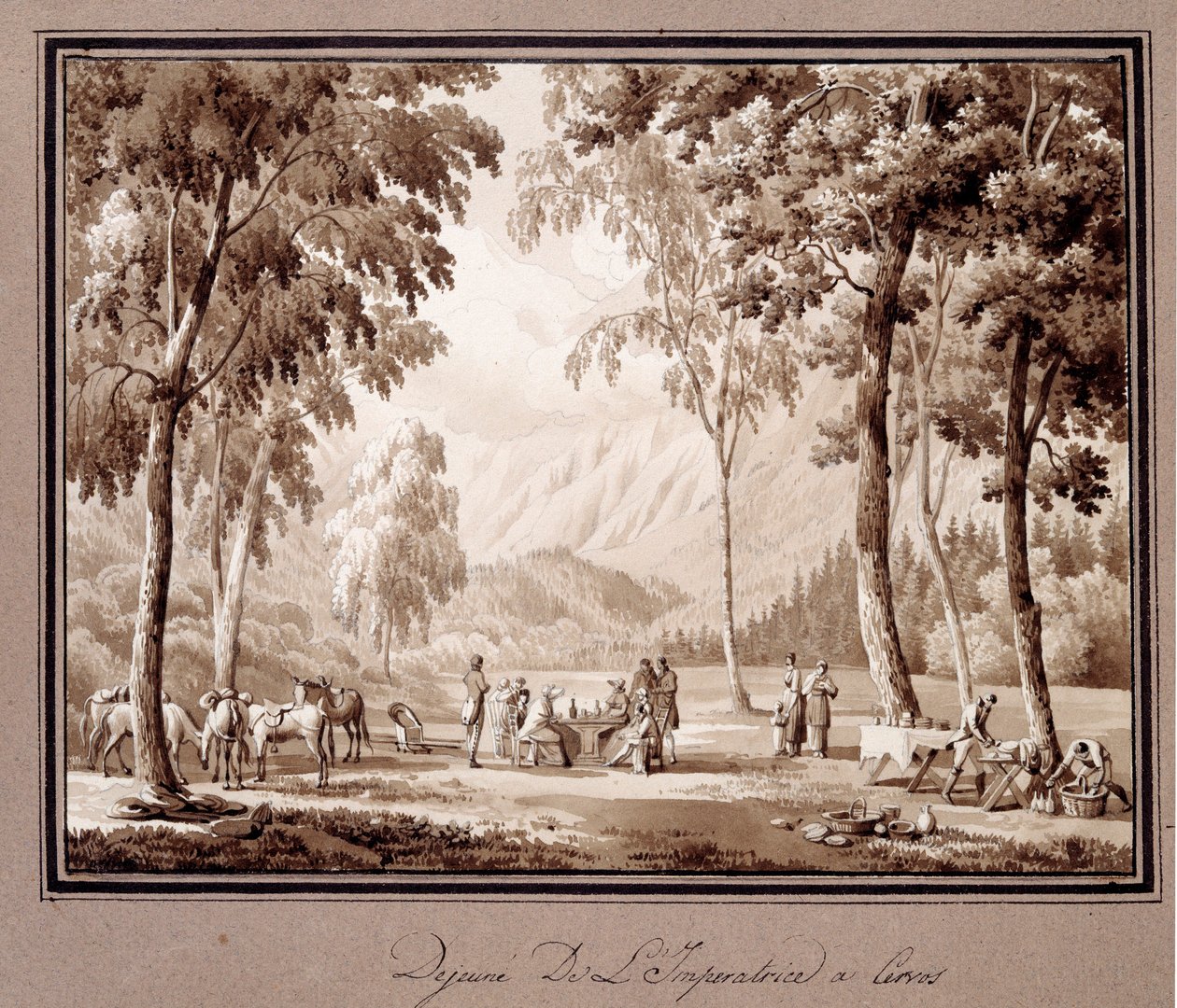 Śniadanie Impress Josephine de Beauharnais w Cervos w 1810 roku. Rysunek Theodore Turpin De Crisse (1782-1859) autorstwa Lancelot Théodore Turpin de Crissé de Crissé
