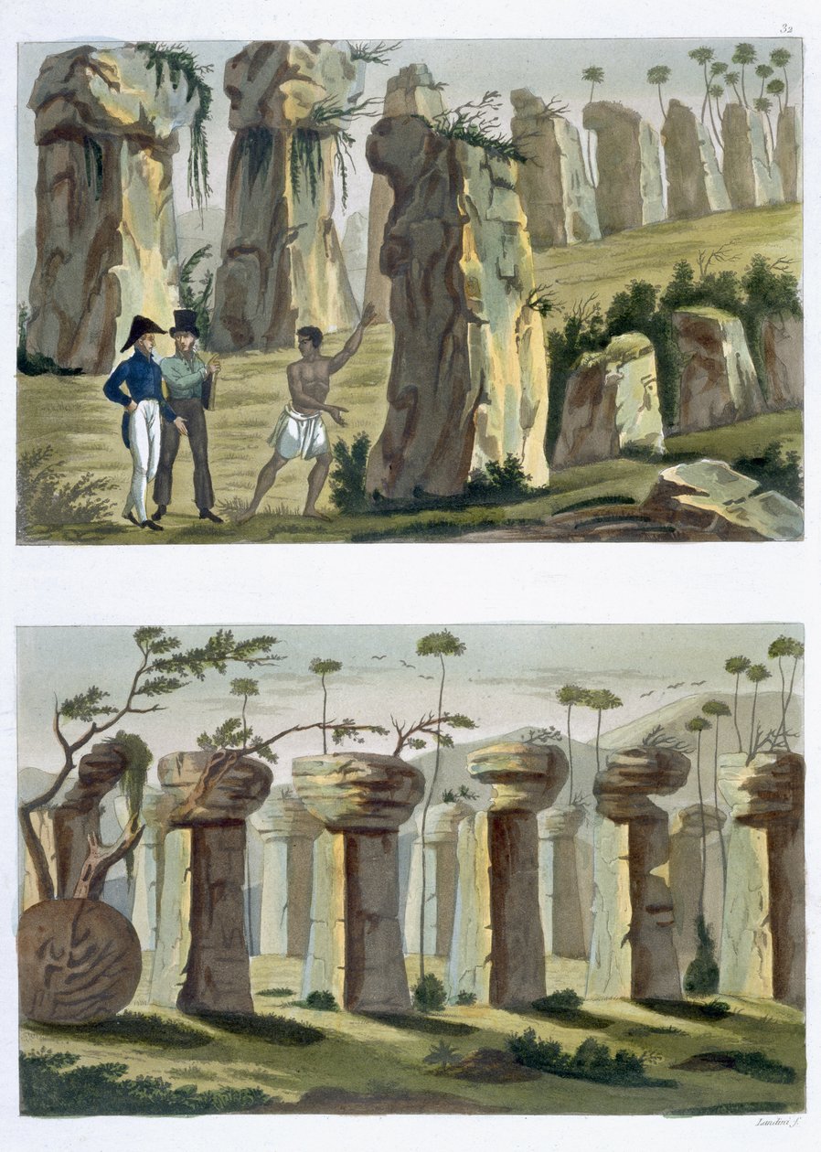 „Dom starożytnych”, wyspa Tinian, tablica 32a i b z „Le Costume Ancien et Moderne” Julesa Ferrario, wydana w latach 1820-30 (patrz także 206894) autorstwa Landini
