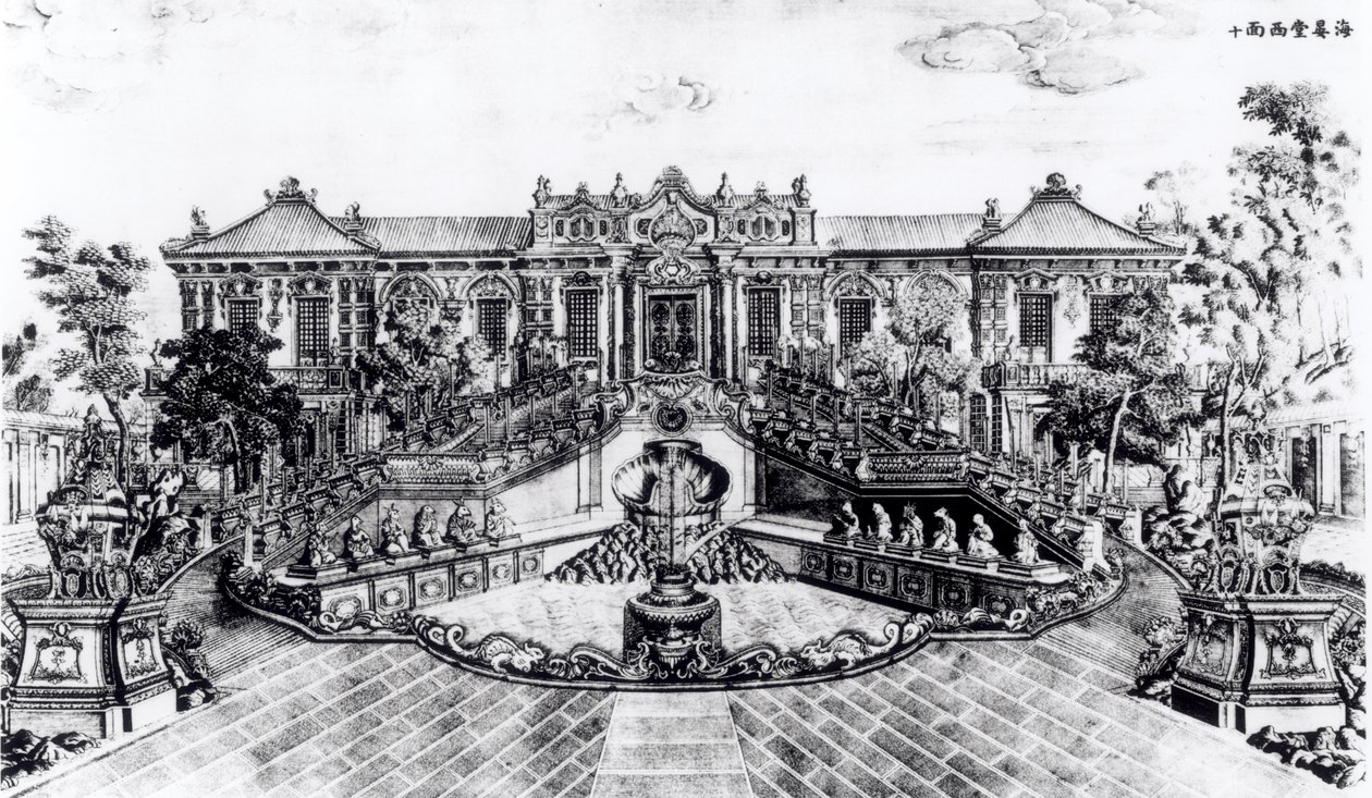 Pałac Spokoju Morza i Zegar Wodny, Ogród Yuan Ming Yuan, Pekin, 1783-86 (patrz także 173899) autorstwa Lang Shining