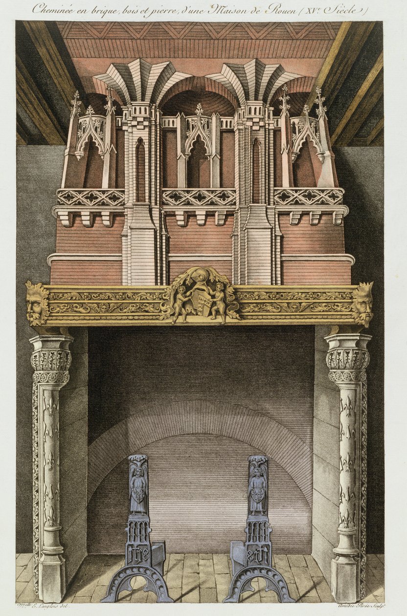 Komin z XV-wiecznego domu w Rouen, z Monuments Francais, litografia Amedee Peree, 1839 autorstwa Langlois E.
