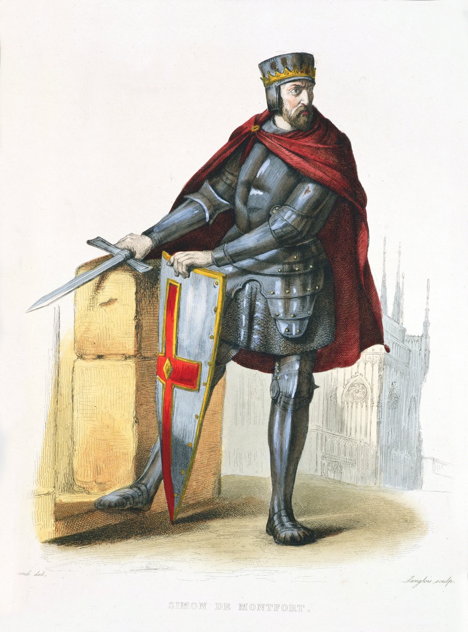 Simon de Montfort 1150-1218 ilustracja z Le Plutarque Francais autorstwa E. Mennecheta, 1835 kolorowa grawerunek autorstwa Langlois E.
