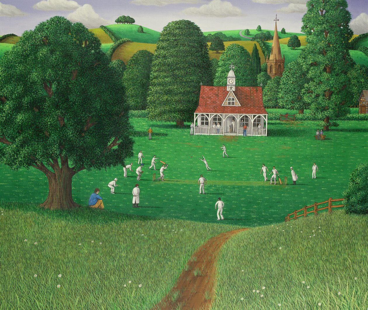 Mecz krykieta w St. Marys Grange, Wilts, 1986 (akryl na płótnie) autorstwa Larry Smart